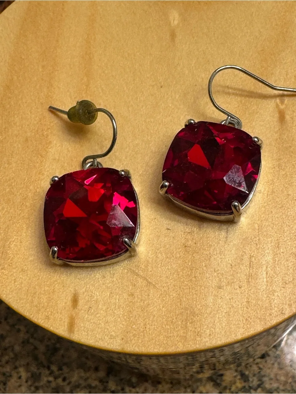 Silver-Set Bright Red Cushion Crystal Drop Earrings